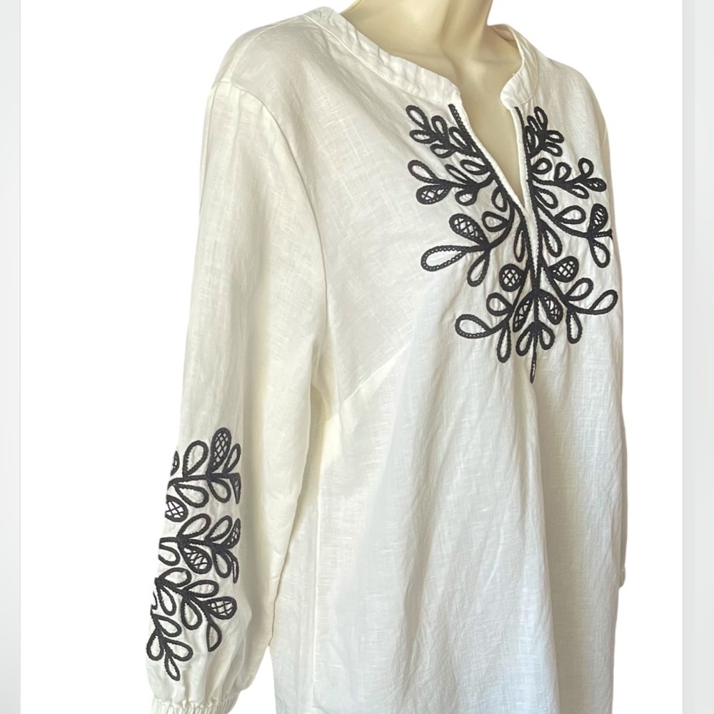 Talbots Embroidered Linen Cotton Tunic Top Size M White Black 3/4 Sleeve Popover - Picture 4 of 11